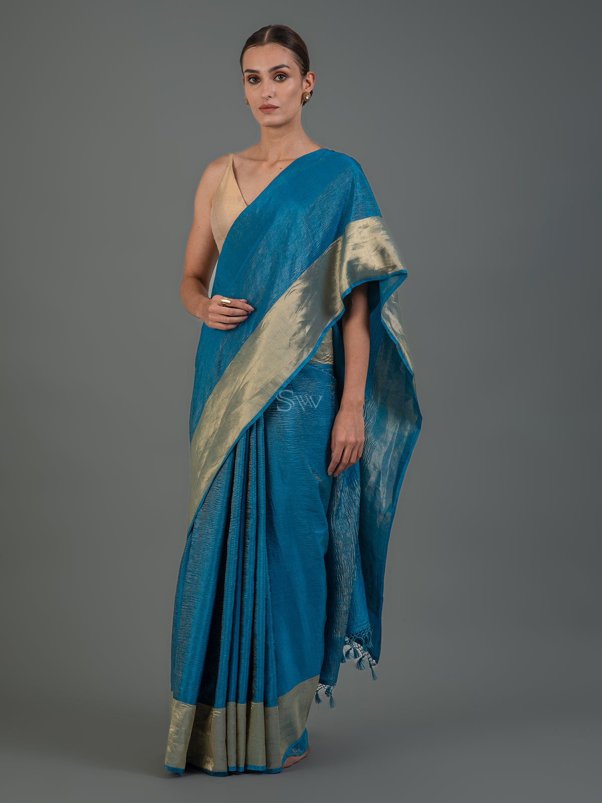 Royal Blue Crush Tissue Silk Handloom Banarasi Saree - Sacred Weaves