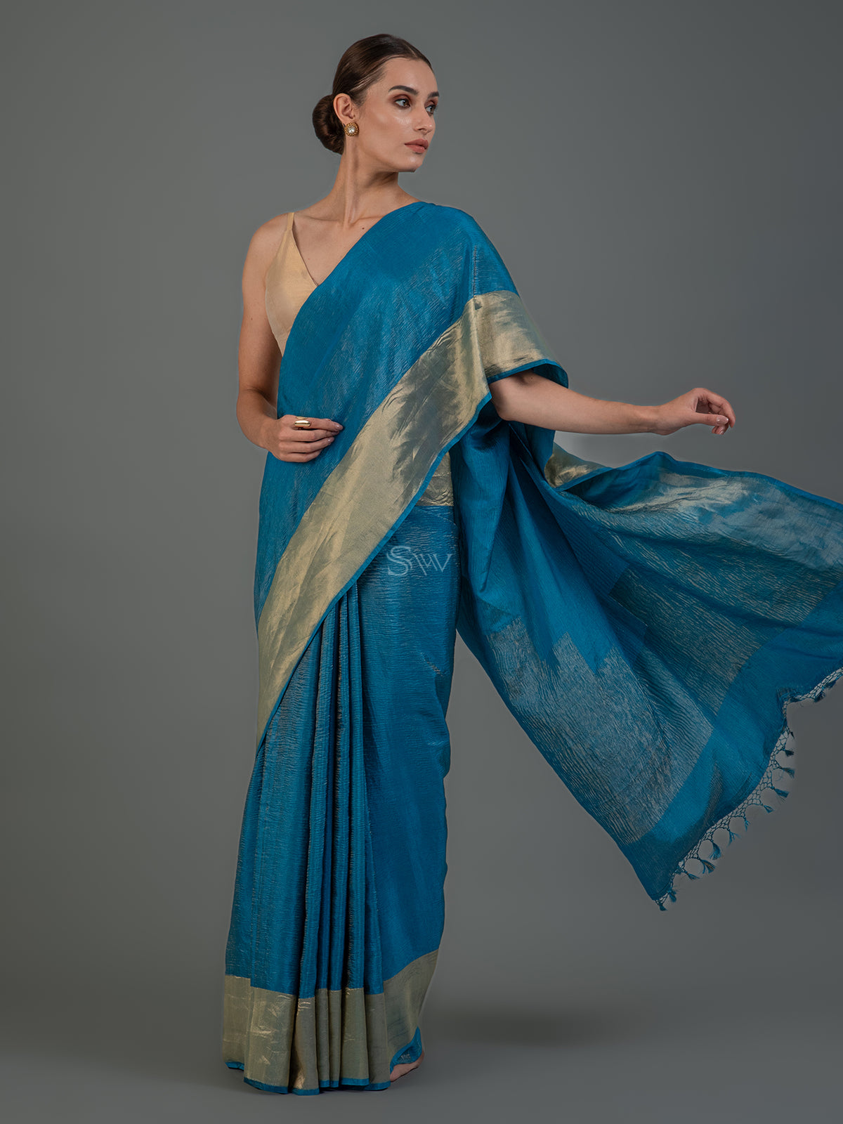 Royal Blue Crush Tissue Silk Handloom Banarasi Saree - Sacred Weaves