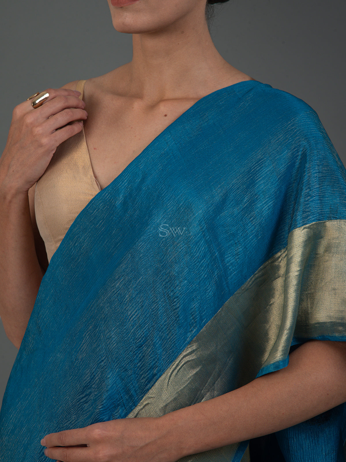 Royal Blue Crush Tissue Silk Handloom Banarasi Saree - Sacred Weaves