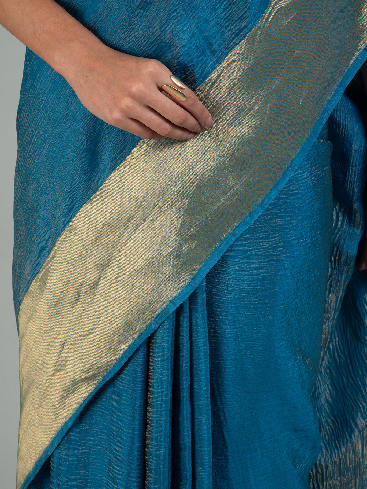 Royal Blue Crush Tissue Silk Handloom Banarasi Saree - Sacred Weaves