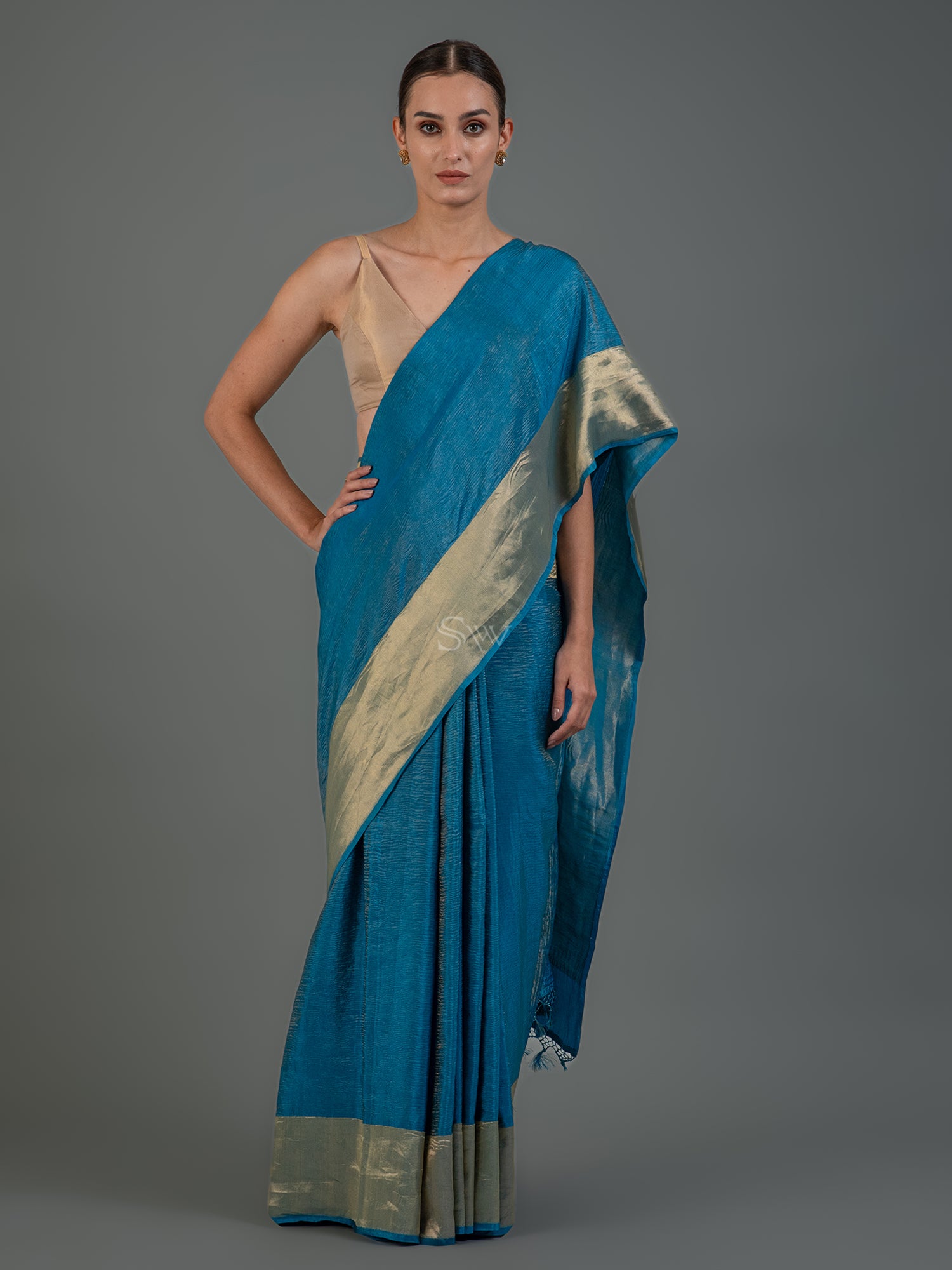 Royal Blue Crush Tissue Silk Handloom Banarasi Saree - Sacred Weaves