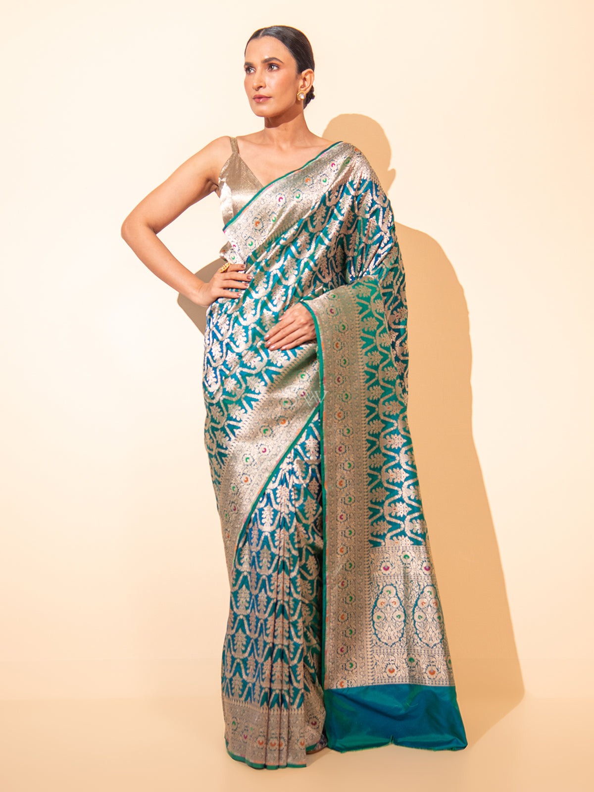 Peacock Blue Meenakari Uppada Katan Silk Handloom Banarasi Saree - Sacred Weaves