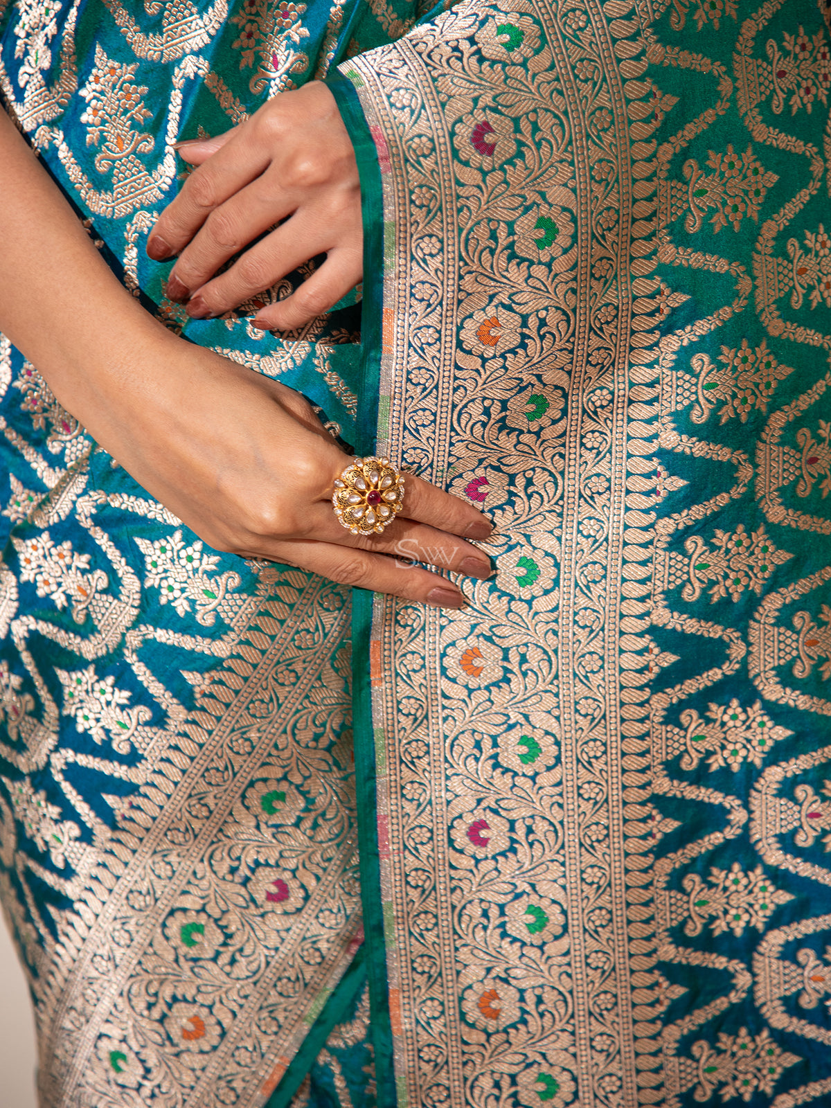 Peacock Blue Meenakari Uppada Katan Silk Handloom Banarasi Saree - Sacred Weaves