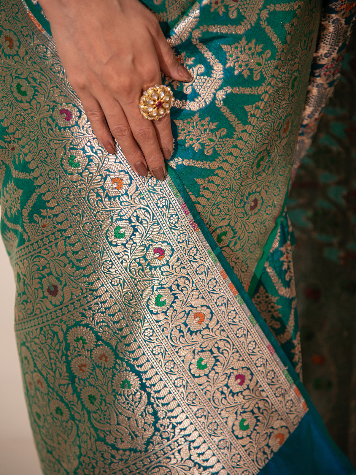 Peacock Blue Meenakari Uppada Katan Silk Handloom Banarasi Saree - Sacred Weaves