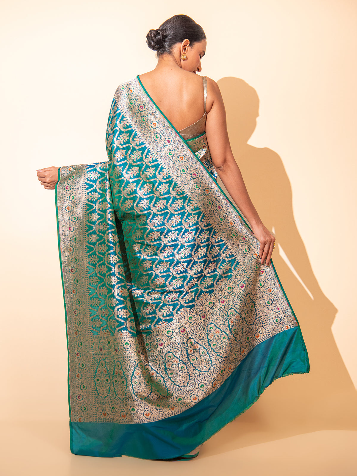 Peacock Blue Meenakari Uppada Katan Silk Handloom Banarasi Saree - Sacred Weaves