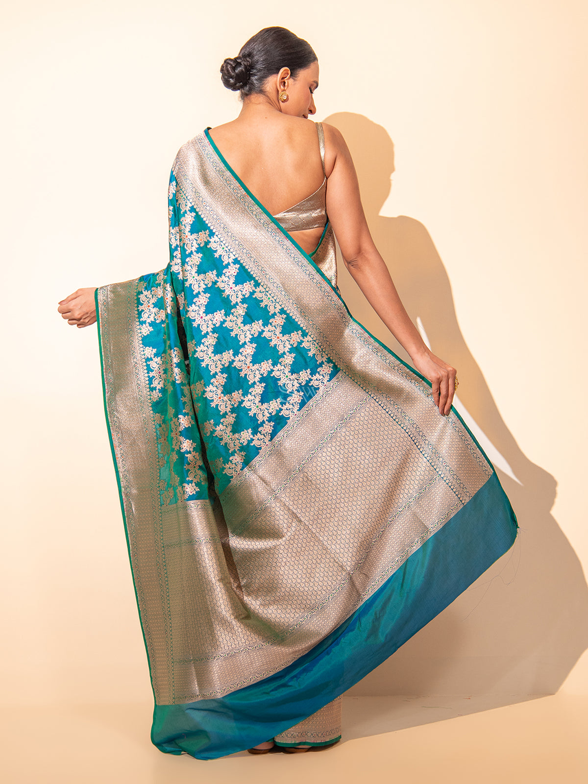 Peacock Blue Meenakari Uppada Katan Silk Handloom Banarasi Saree - Sacred Weaves