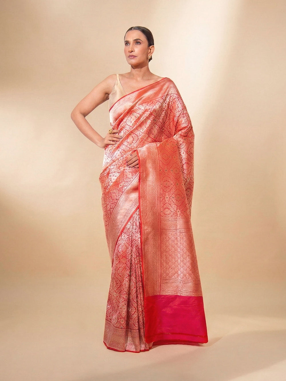 Pink Orange Meenakari Brocade Handloom Banarasi Saree - Sacred Weaves
