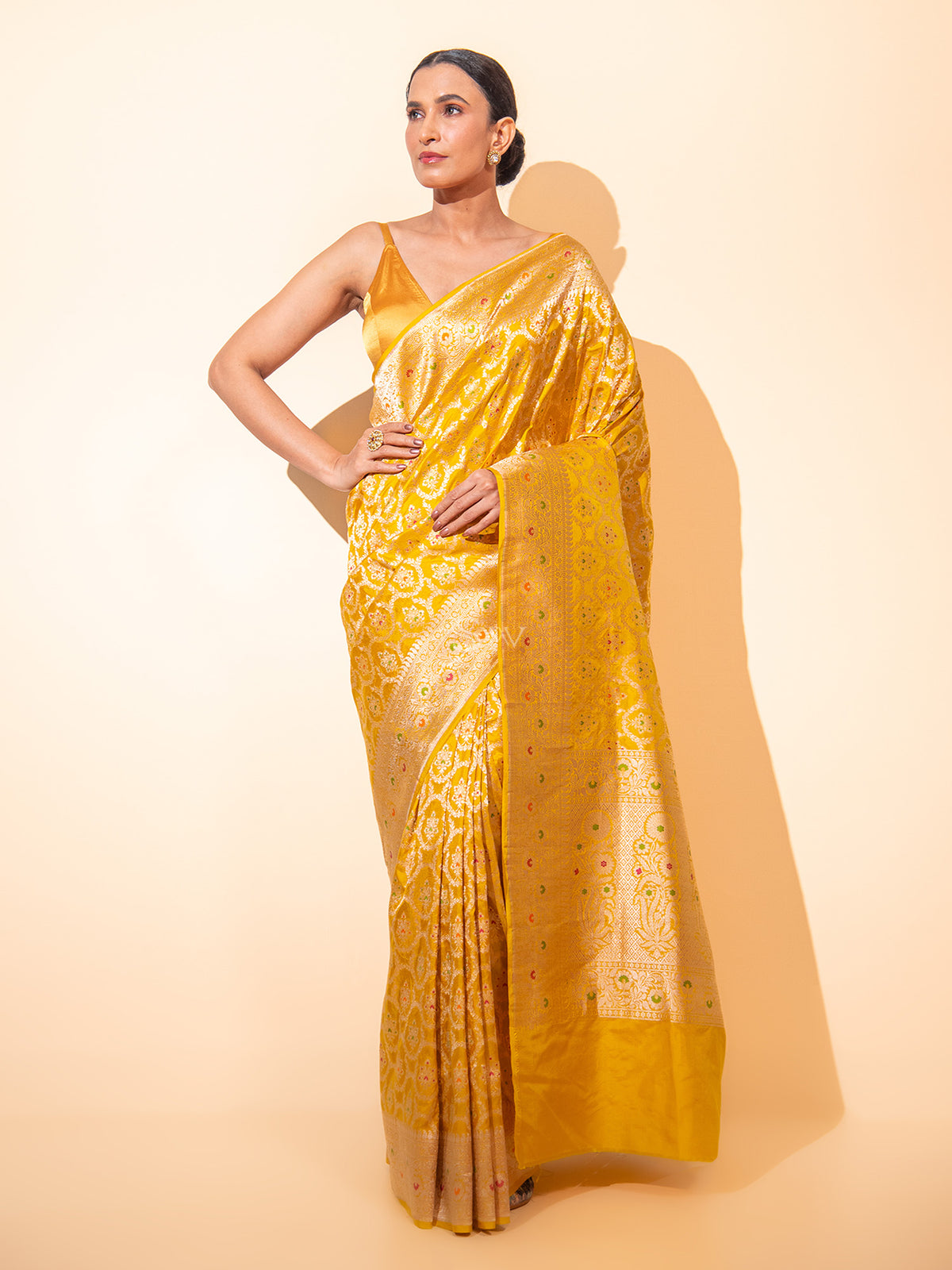 Yellow Meenakari Uppada Katan Silk Handloom Banarasi Saree - Sacred Weaves