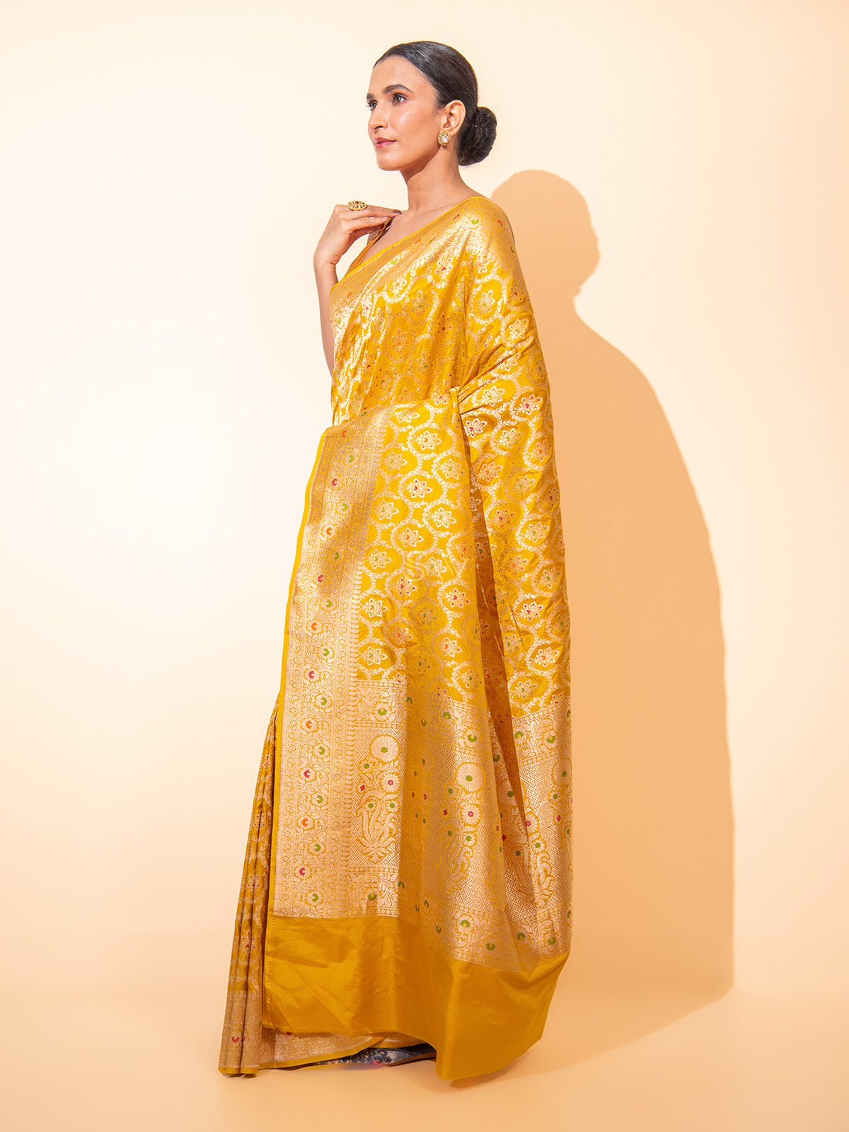Yellow Meenakari Uppada Katan Silk Handloom Banarasi Saree - Sacred Weaves