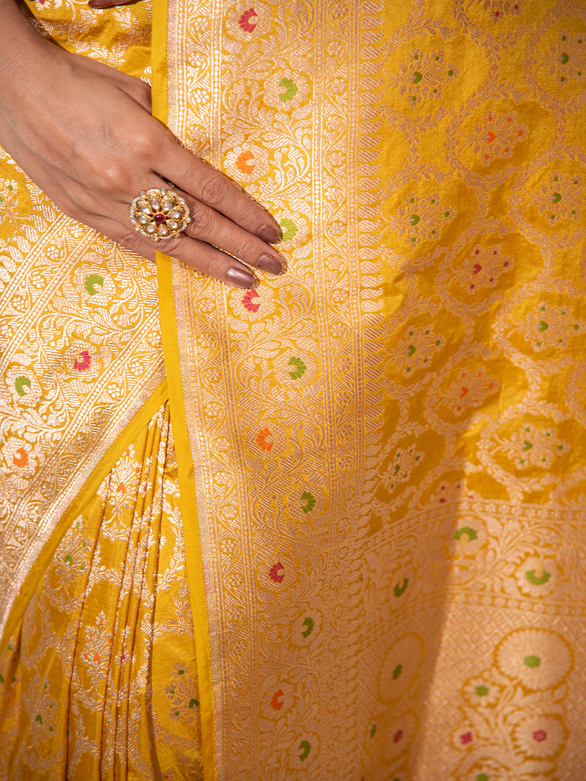 Yellow Meenakari Uppada Katan Silk Handloom Banarasi Saree - Sacred Weaves