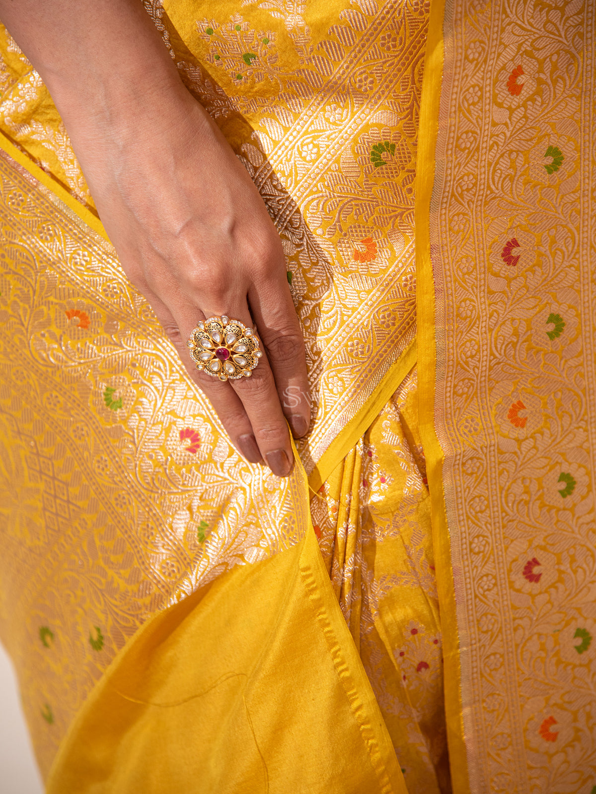 Yellow Meenakari Uppada Katan Silk Handloom Banarasi Saree - Sacred Weaves