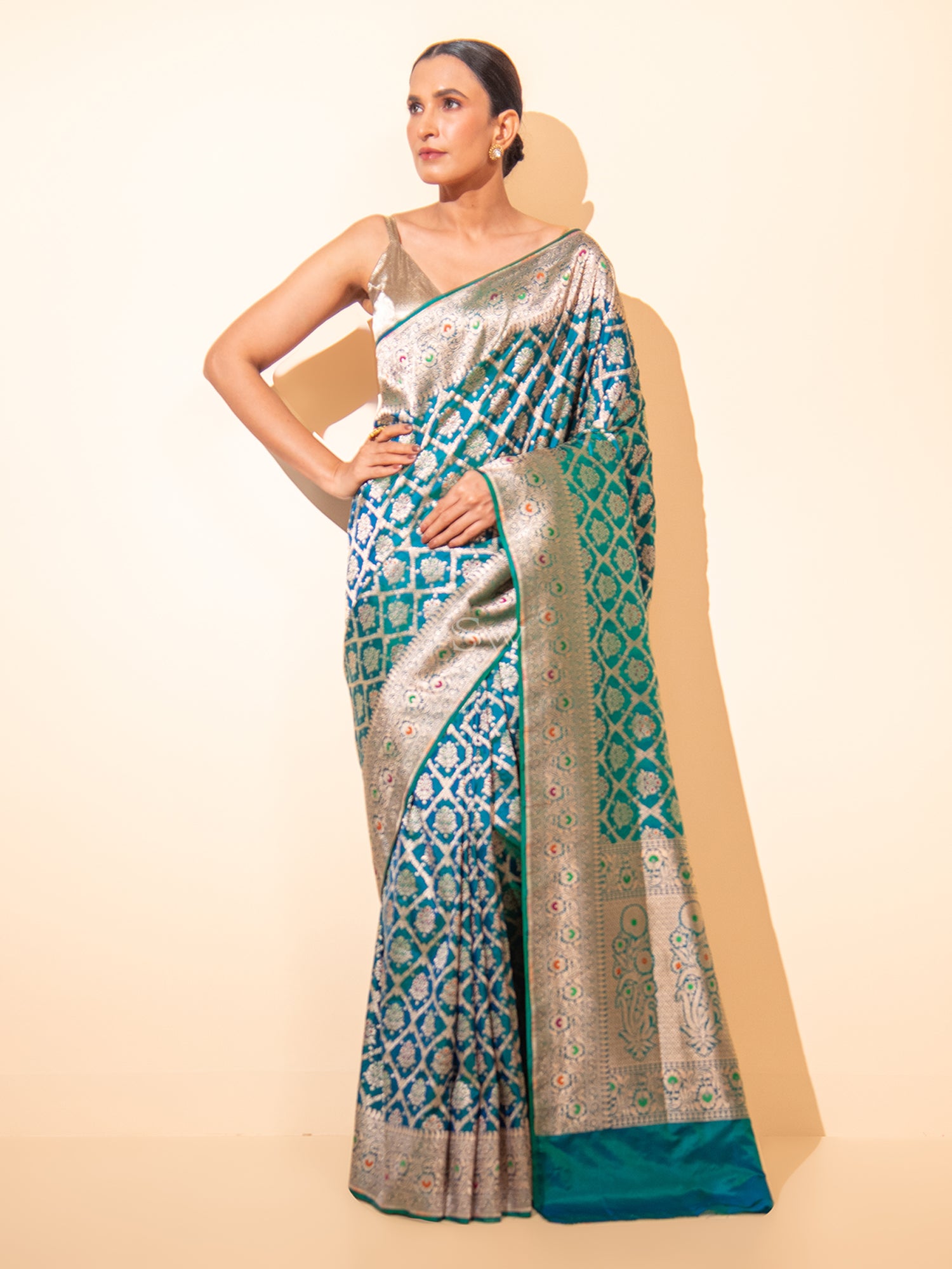 Peacock Blue Meenakari Uppada Katan Silk Handloom Banarasi Saree - Sacred Weaves