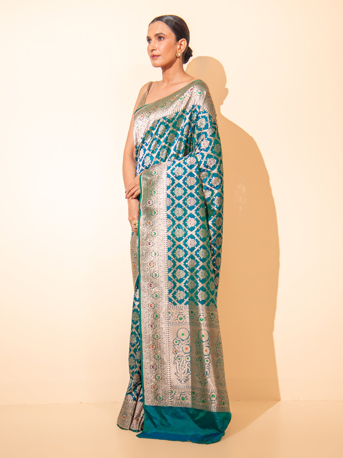 Peacock Blue Meenakari Uppada Katan Silk Handloom Banarasi Saree - Sacred Weaves