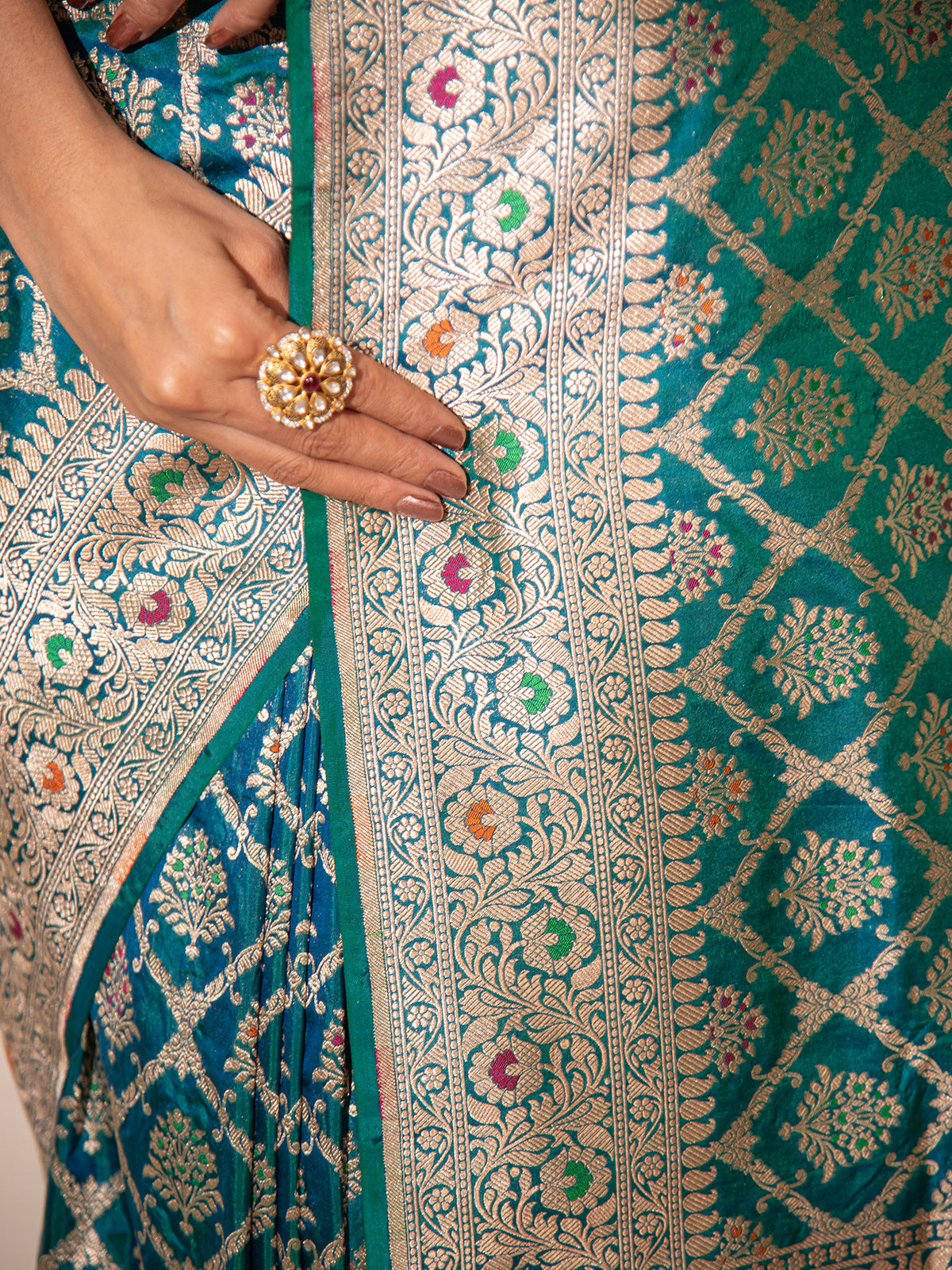 Peacock Blue Meenakari Uppada Katan Silk Handloom Banarasi Saree - Sacred Weaves