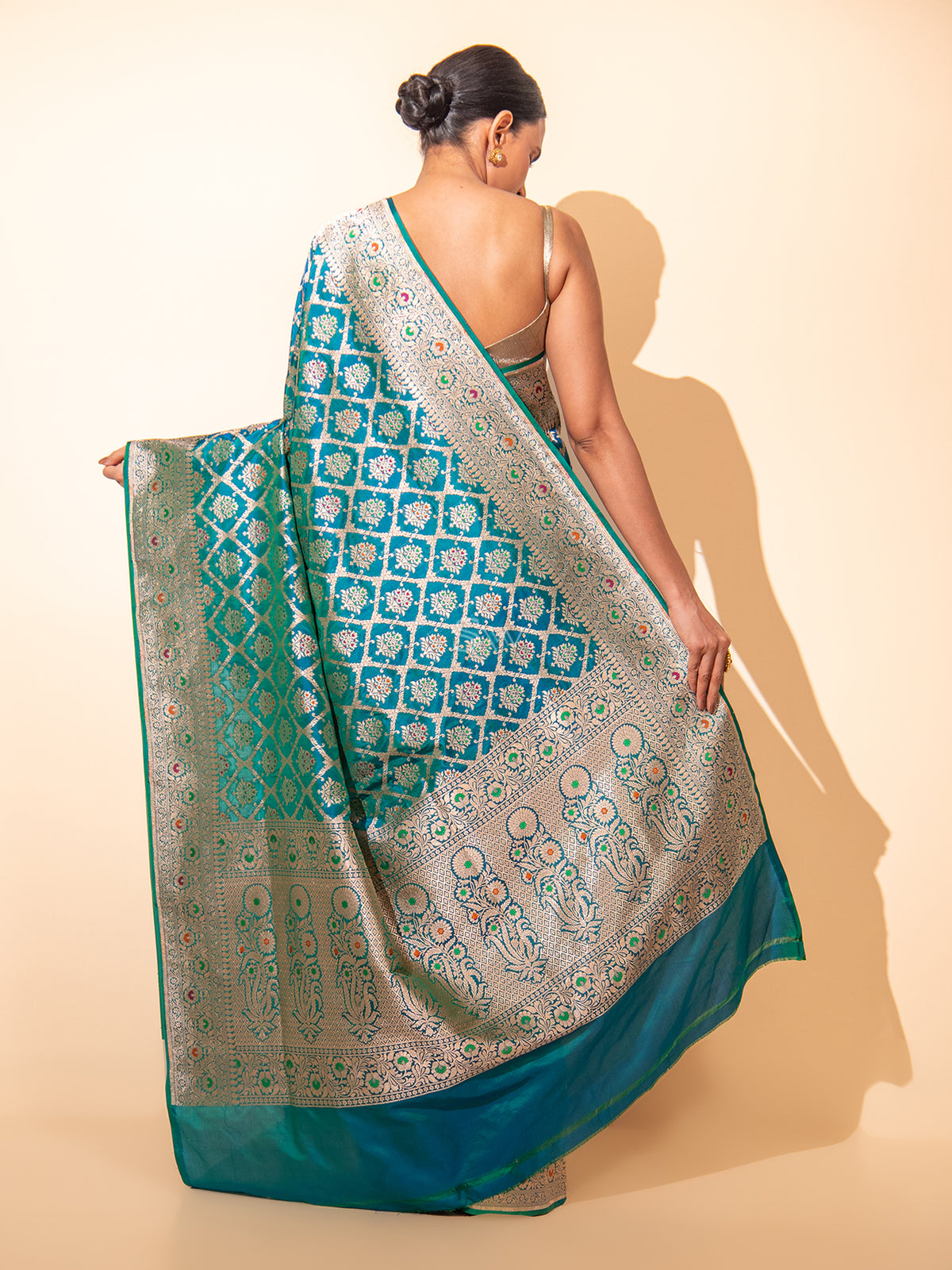 Peacock Blue Meenakari Uppada Katan Silk Handloom Banarasi Saree - Sacred Weaves