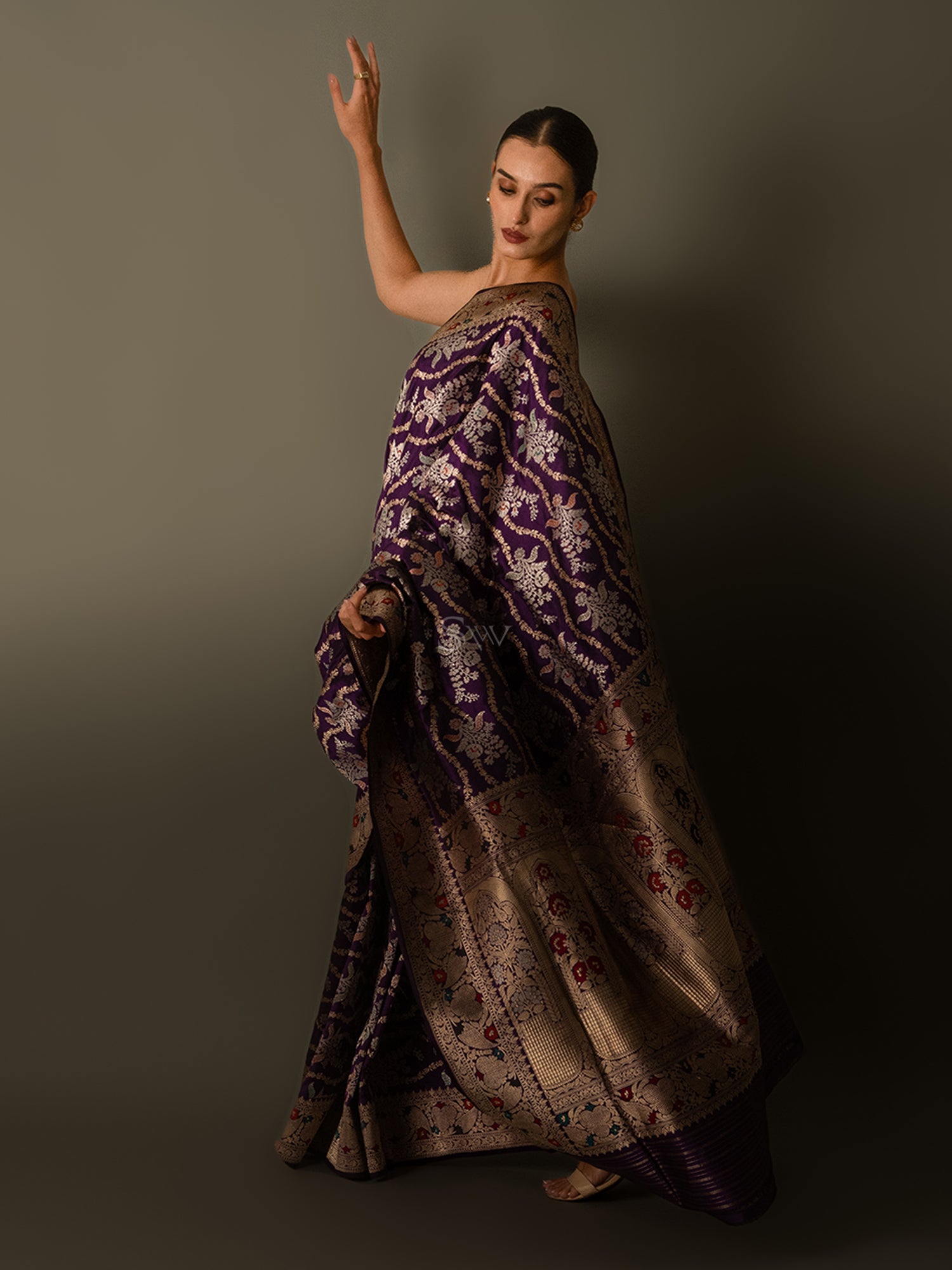 Dark Purple Meenakari Katan Silk Handloom Banarasi Saree - Sacred Weaves