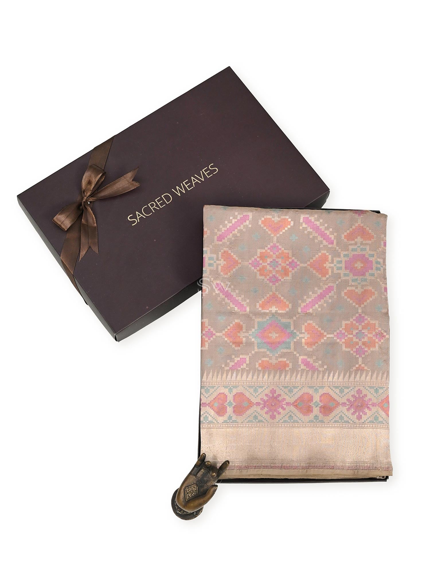 Dark Beige Tanchoi Katan Silk Handloom Banarasi Fabric - Gift Box - Sacred Weaves