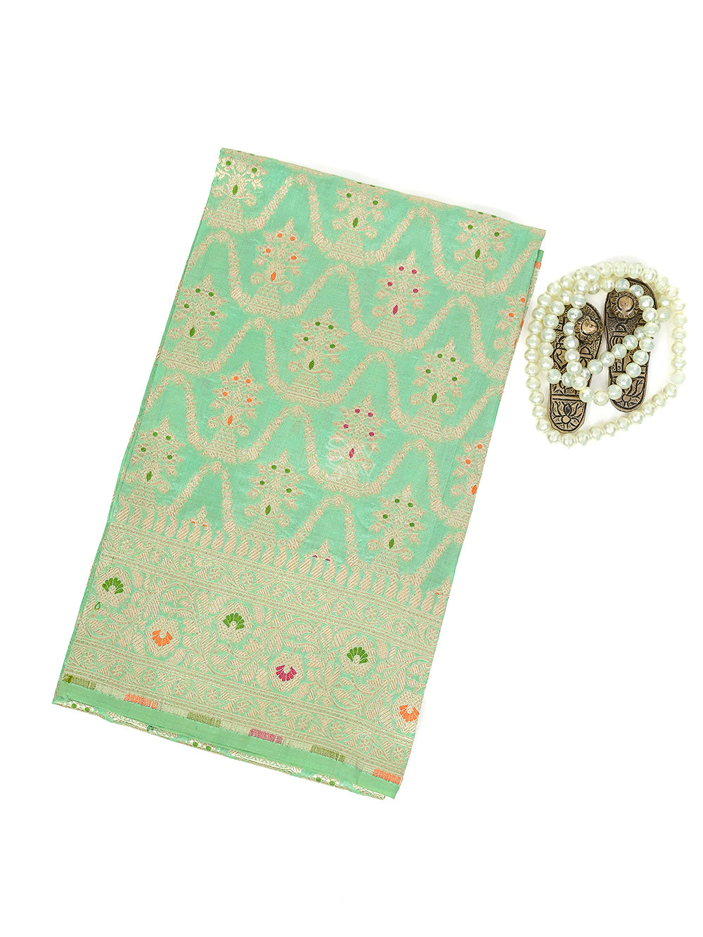 Sea Green Meenakari Uppada Katan Silk Handloom Banarasi Fabric