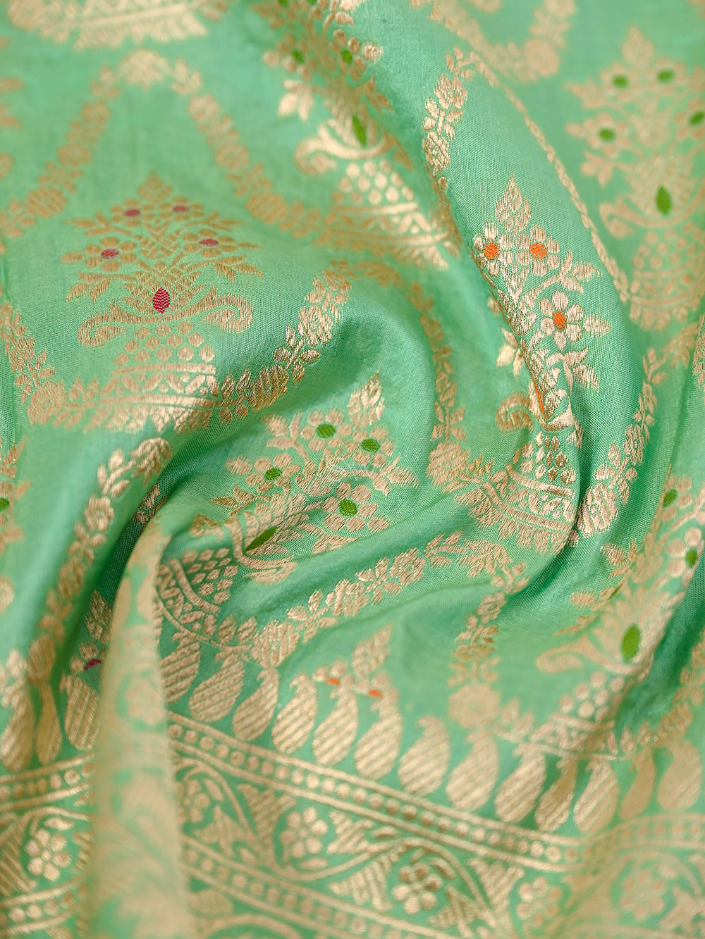 Sea Green Meenakari Uppada Katan Silk Handloom Banarasi Fabric - Sacred Weaves