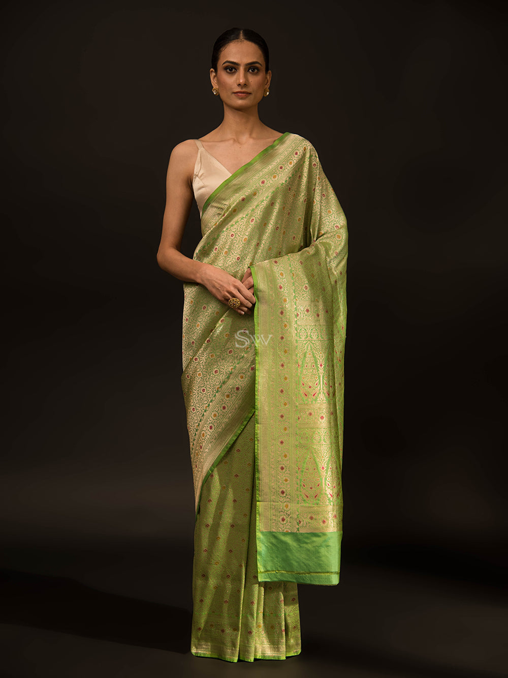 Pista Green Katan Silk Brocade Handloom Banarasi Saree - Sacred Weaves