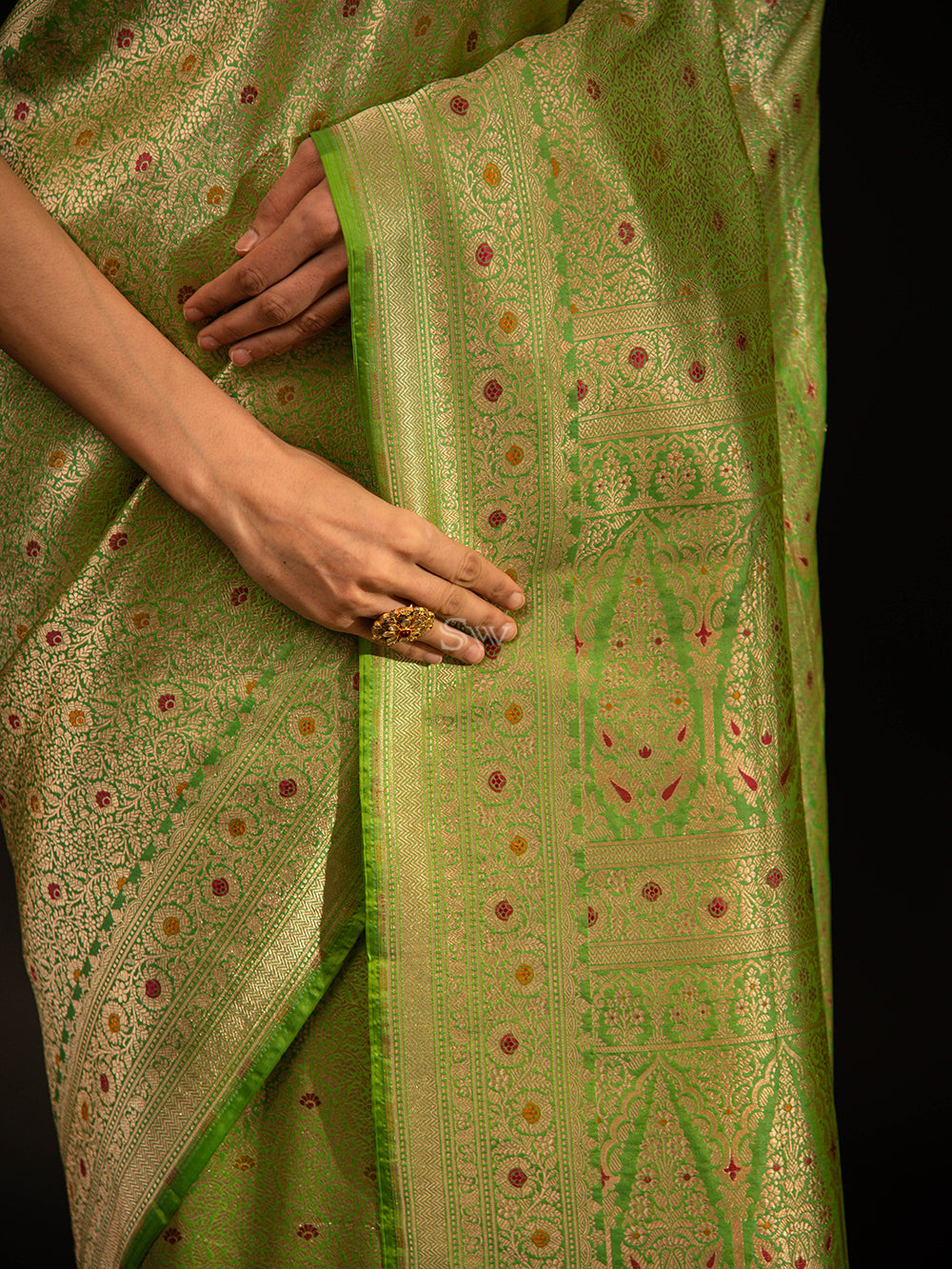Pista Green Katan Silk Brocade Handloom Banarasi Saree - Sacred Weaves