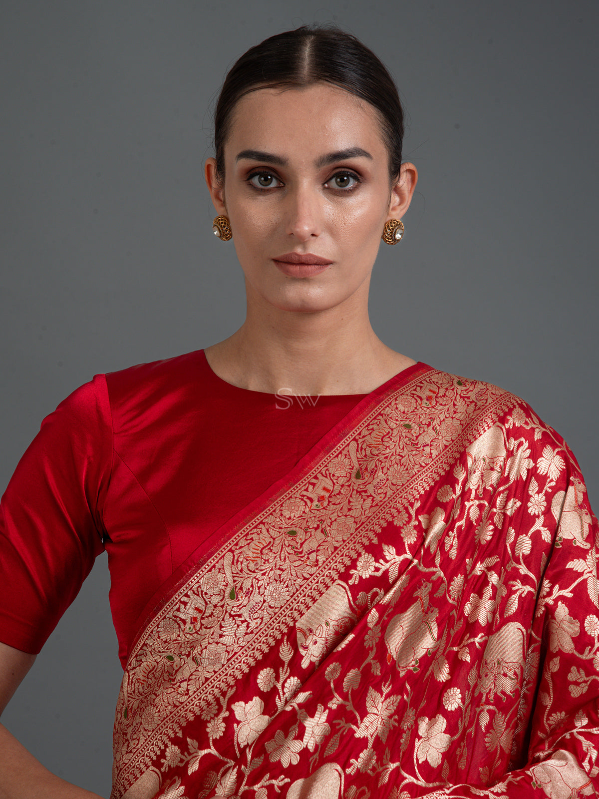 Red Shikargah Uppada Katan Silk Handloom Banarasi Saree - Sacred Weaves