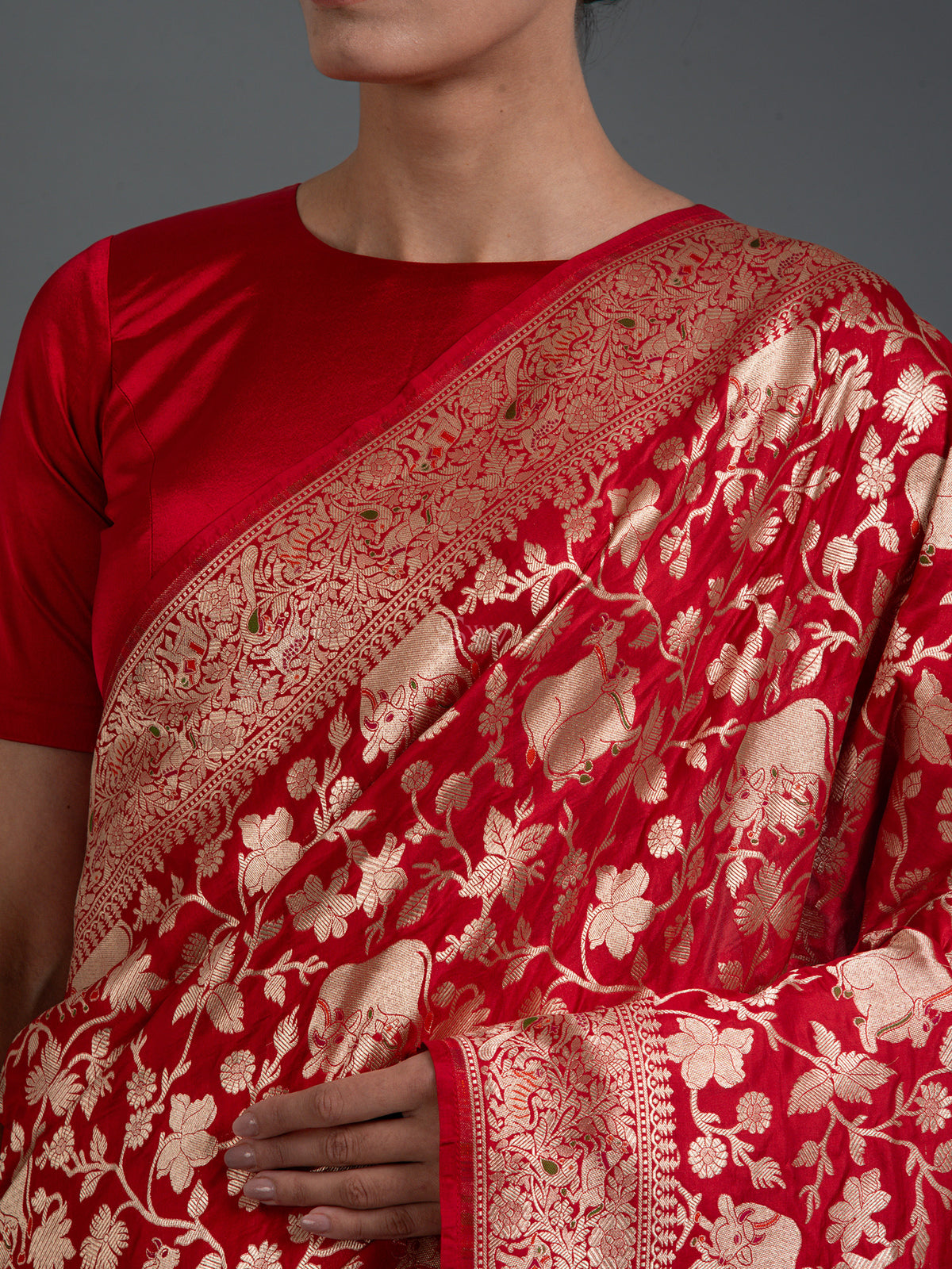 Red Shikargah Uppada Katan Silk Handloom Banarasi Saree - Sacred Weaves