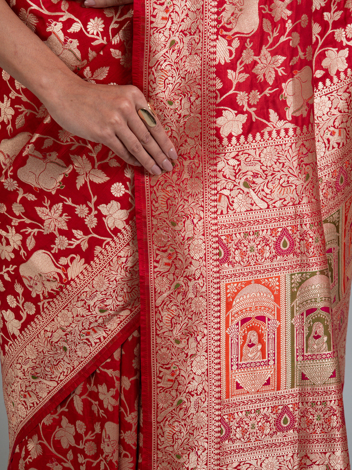 Red Shikargah Uppada Katan Silk Handloom Banarasi Saree - Sacred Weaves