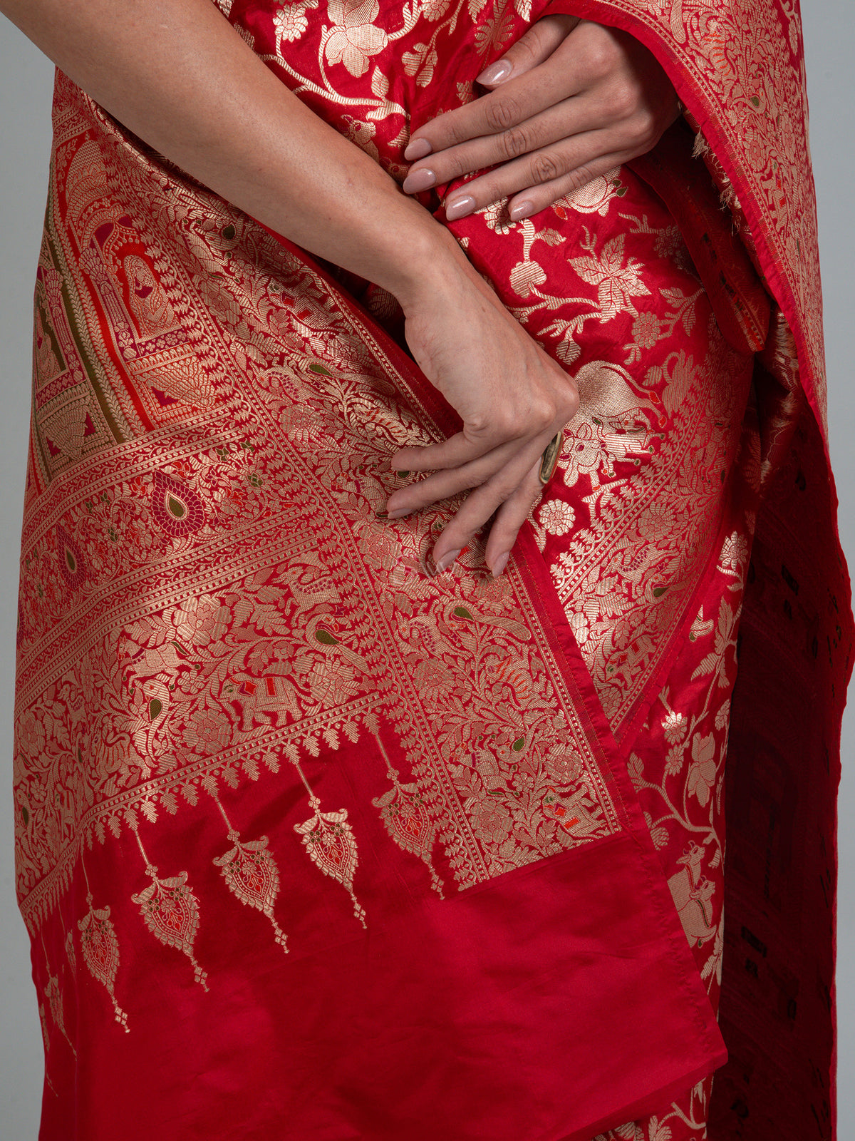 Red Shikargah Uppada Katan Silk Handloom Banarasi Saree - Sacred Weaves