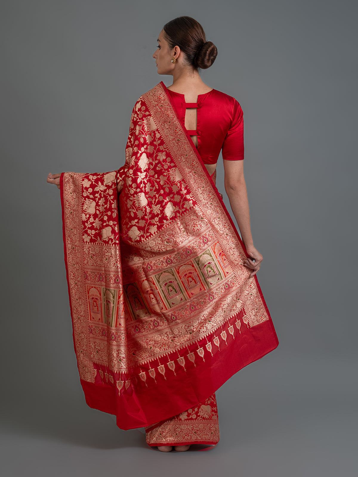 Red Shikargah Uppada Katan Silk Handloom Banarasi Saree - Sacred Weaves