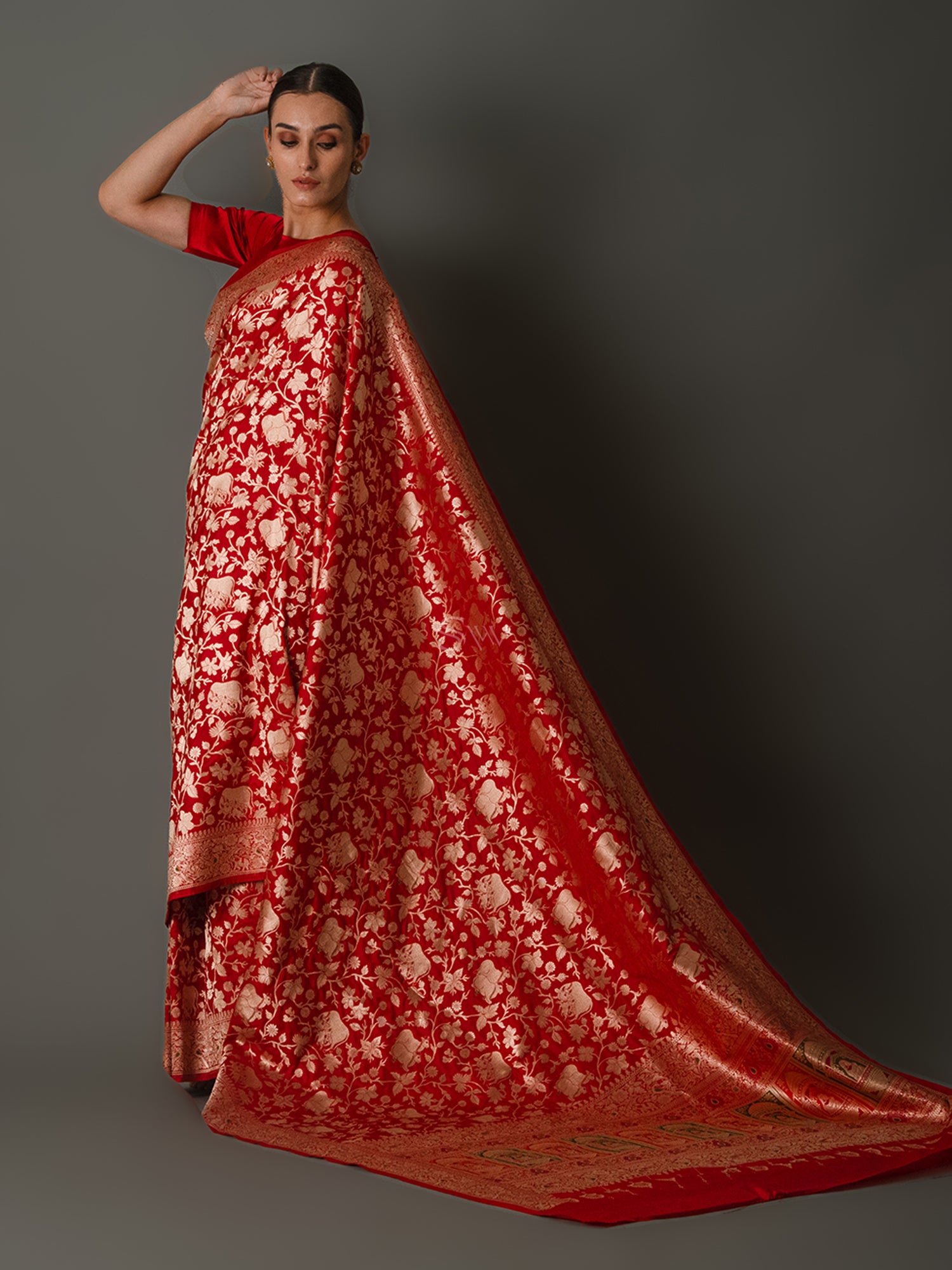 Red Shikargah Uppada Katan Silk Handloom Banarasi Saree - Sacred Weaves