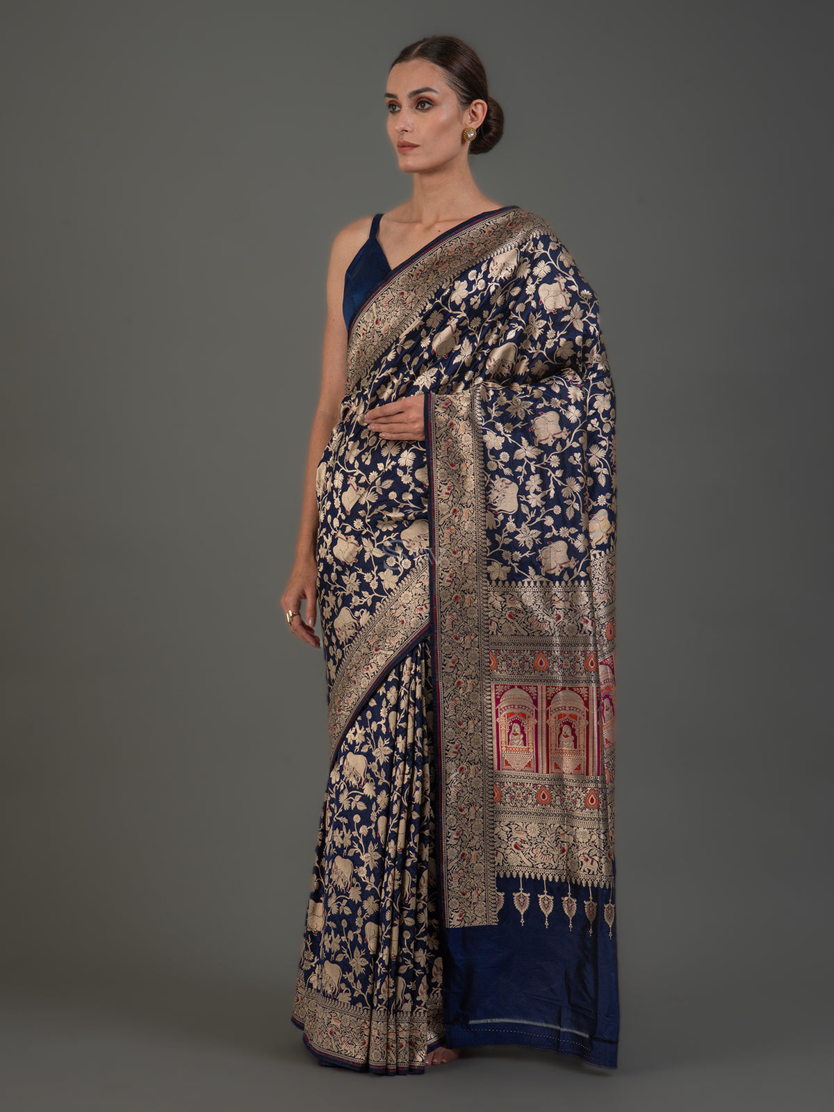 Inky Blue Shikargah Brocade Katan Silk Handloom Banarasi Saree - Sacred Weaves