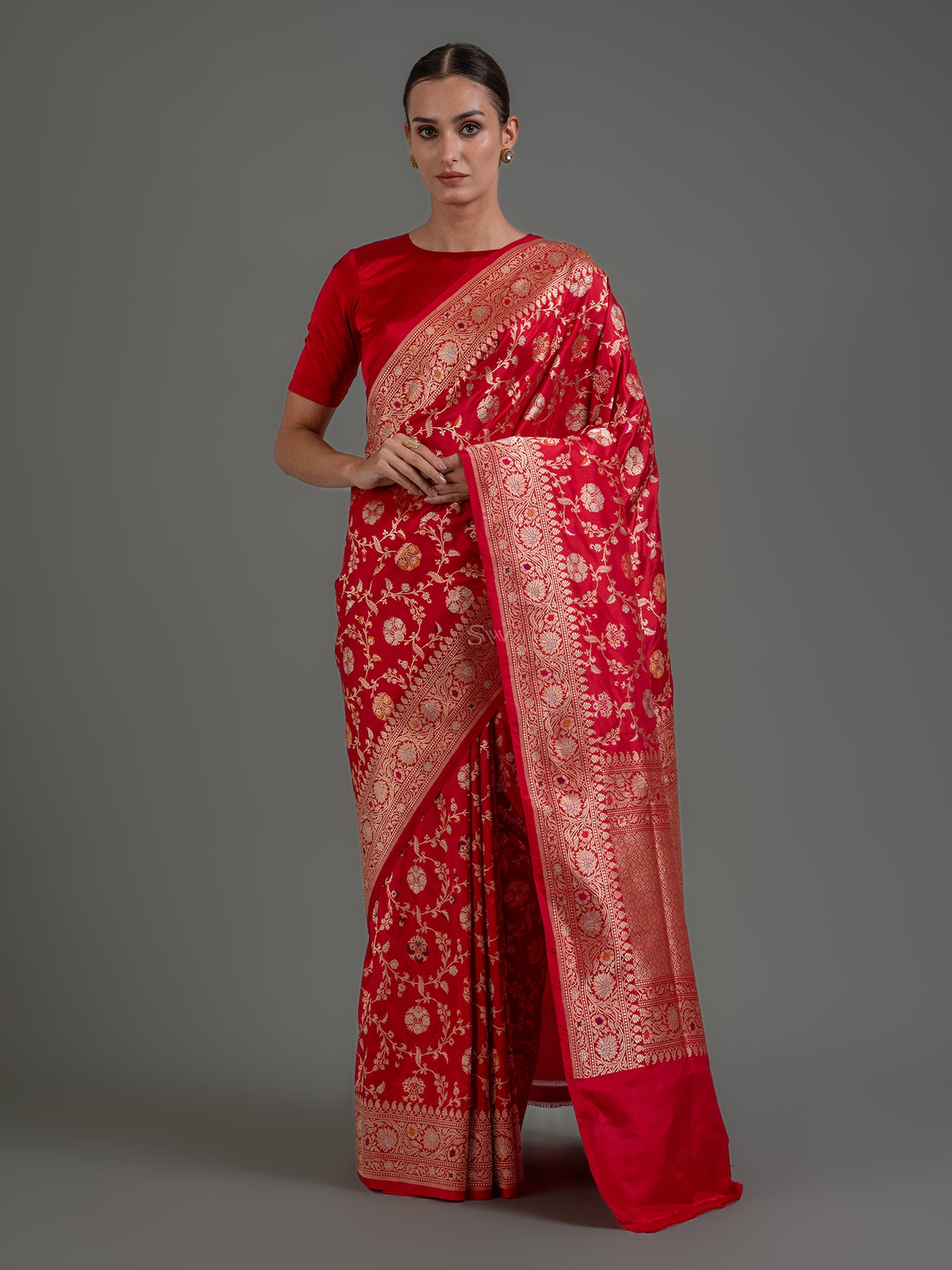 Red Meenakari Katan Silk Handloom Banarasi Saree - Sacred Waaves