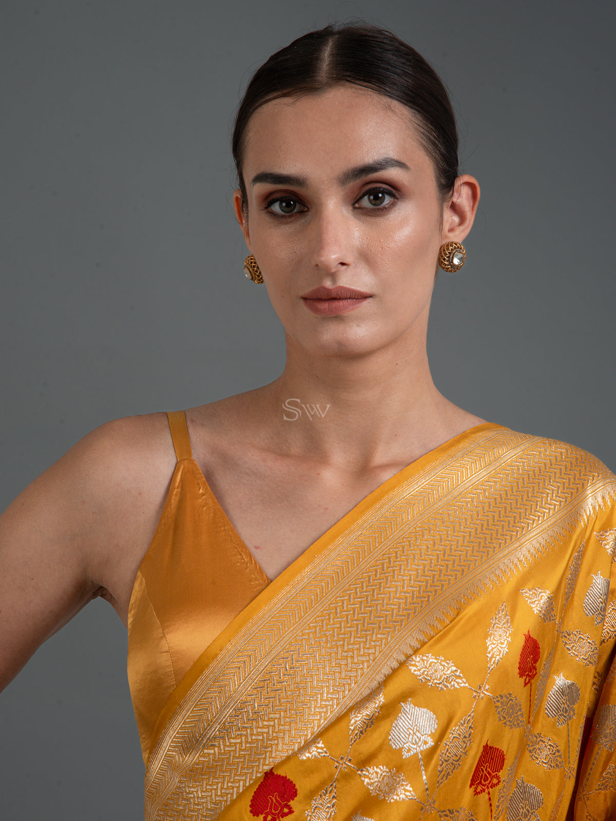 Mustard Meenakari Katan Silk Handloom Banarasi Saree - Sacred Weaves