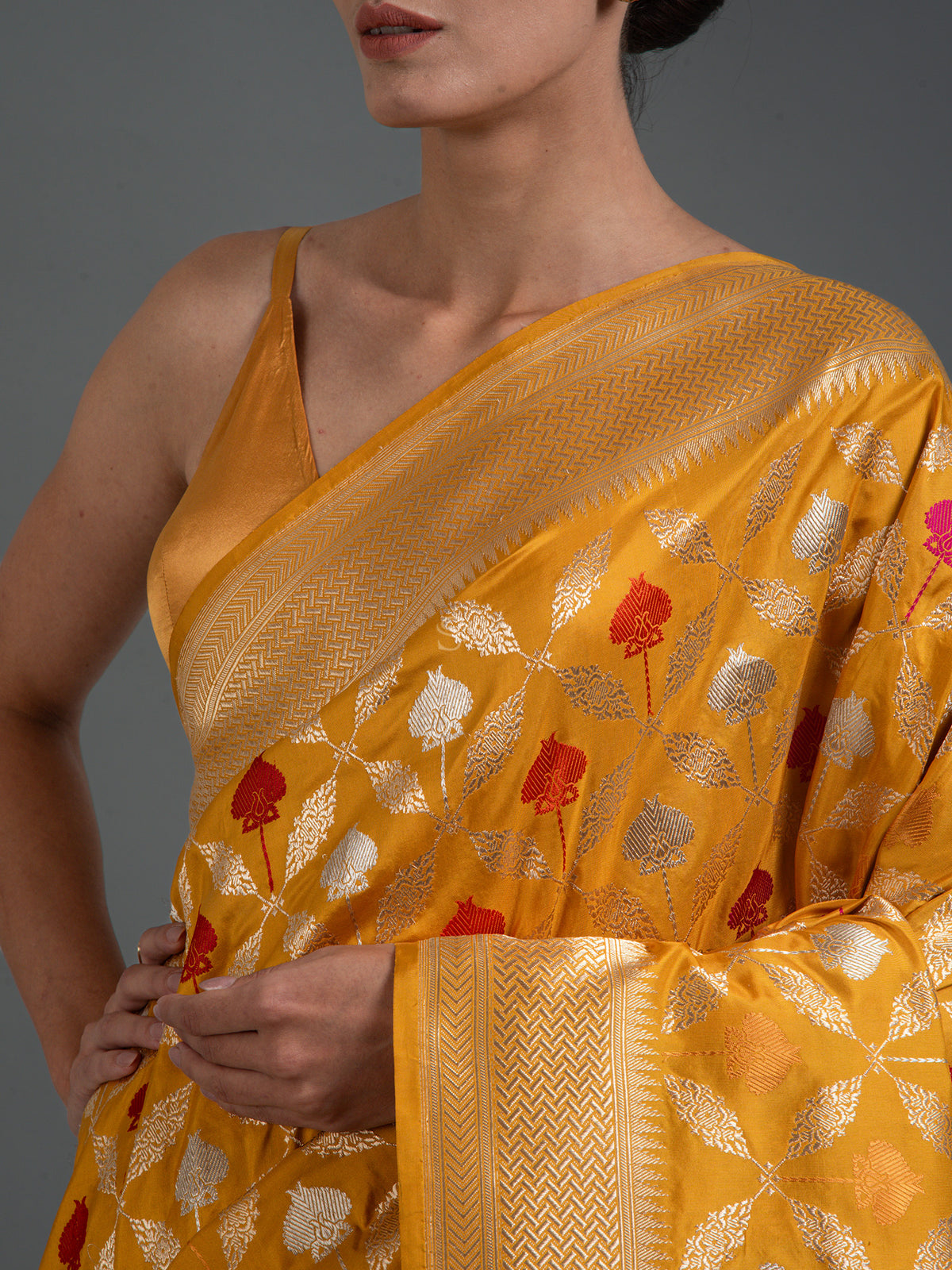 Mustard Meenakari Katan Silk Handloom Banarasi Saree - Sacred Weaves