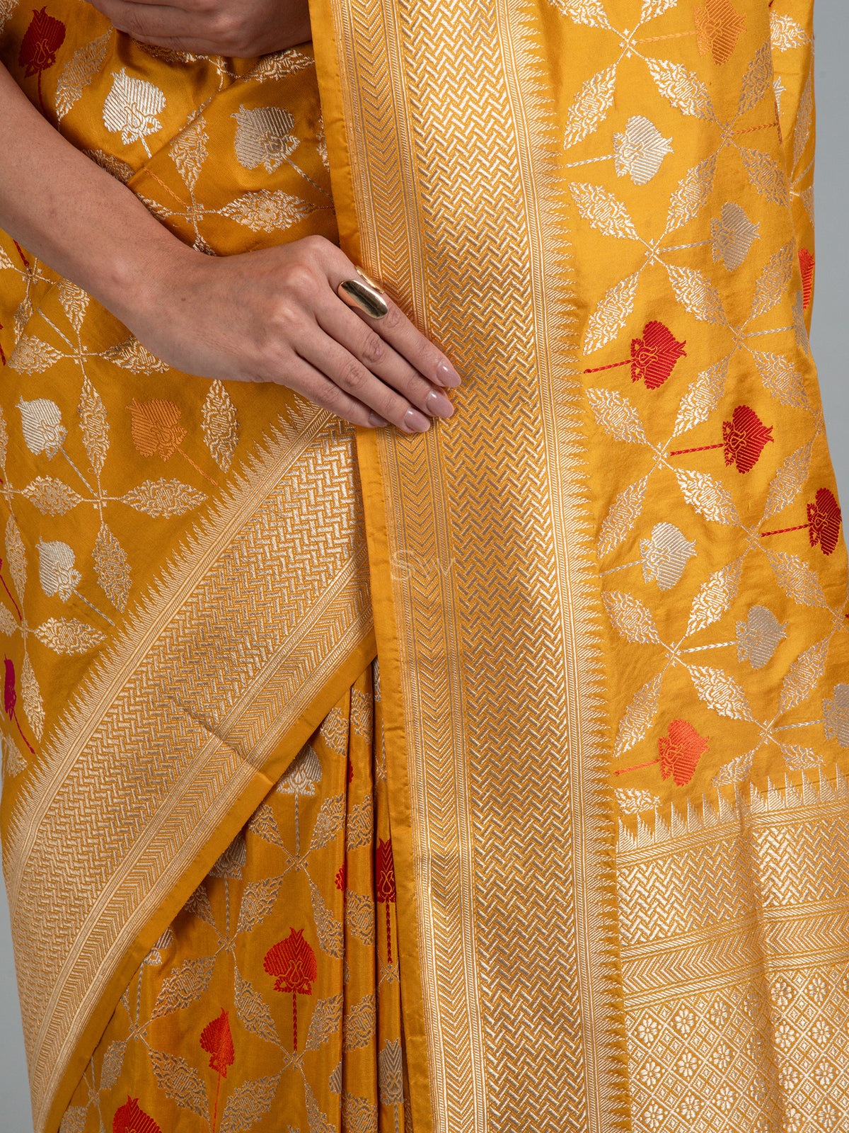 Mustard Meenakari Katan Silk Handloom Banarasi Saree - Sacred Weaves