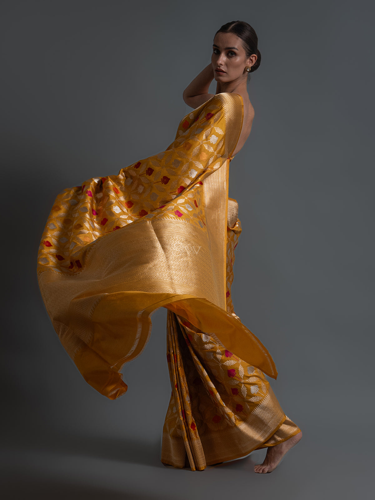 Mustard Meenakari Katan Silk Handloom Banarasi Saree - Sacred Weaves