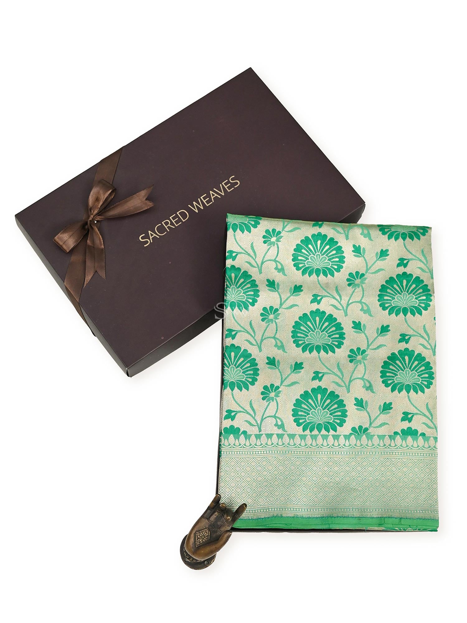 Sea Green Meenakari Brocade Katan Silk Handloom Banarasi Fabric - Gift Box - Sacred Weaves