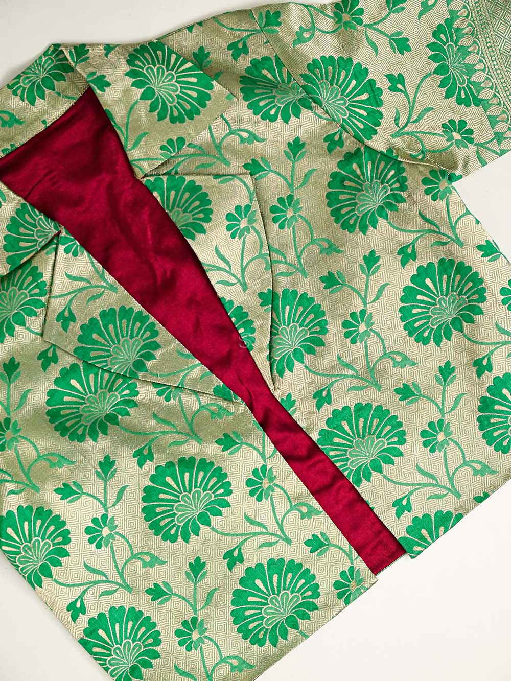Emerald Green Silk Brocade Handloom Banarasi Jacket - Sacred Weaves