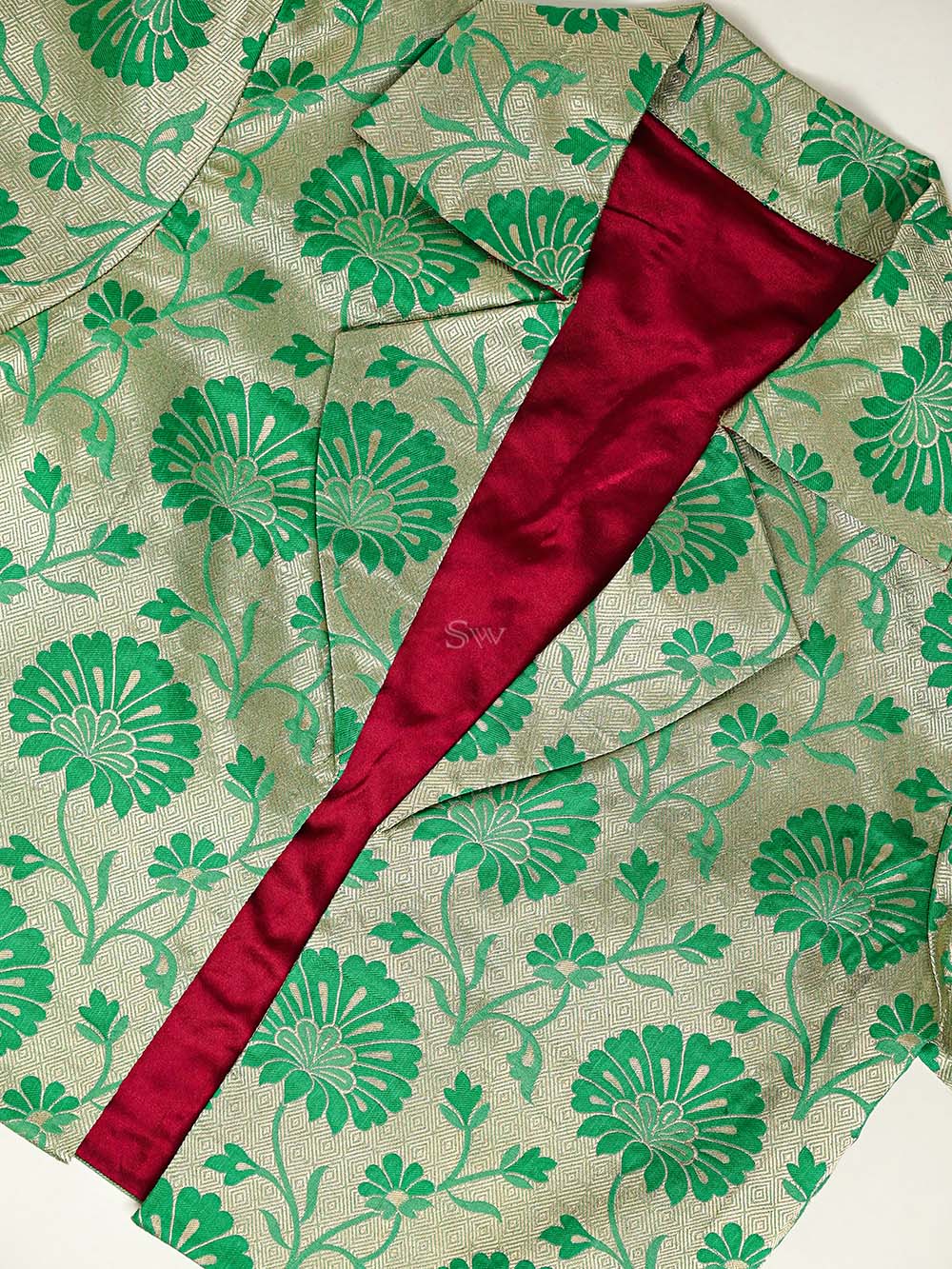 Emerald Green Silk Brocade Handloom Banarasi Jacket - Sacred Weaves