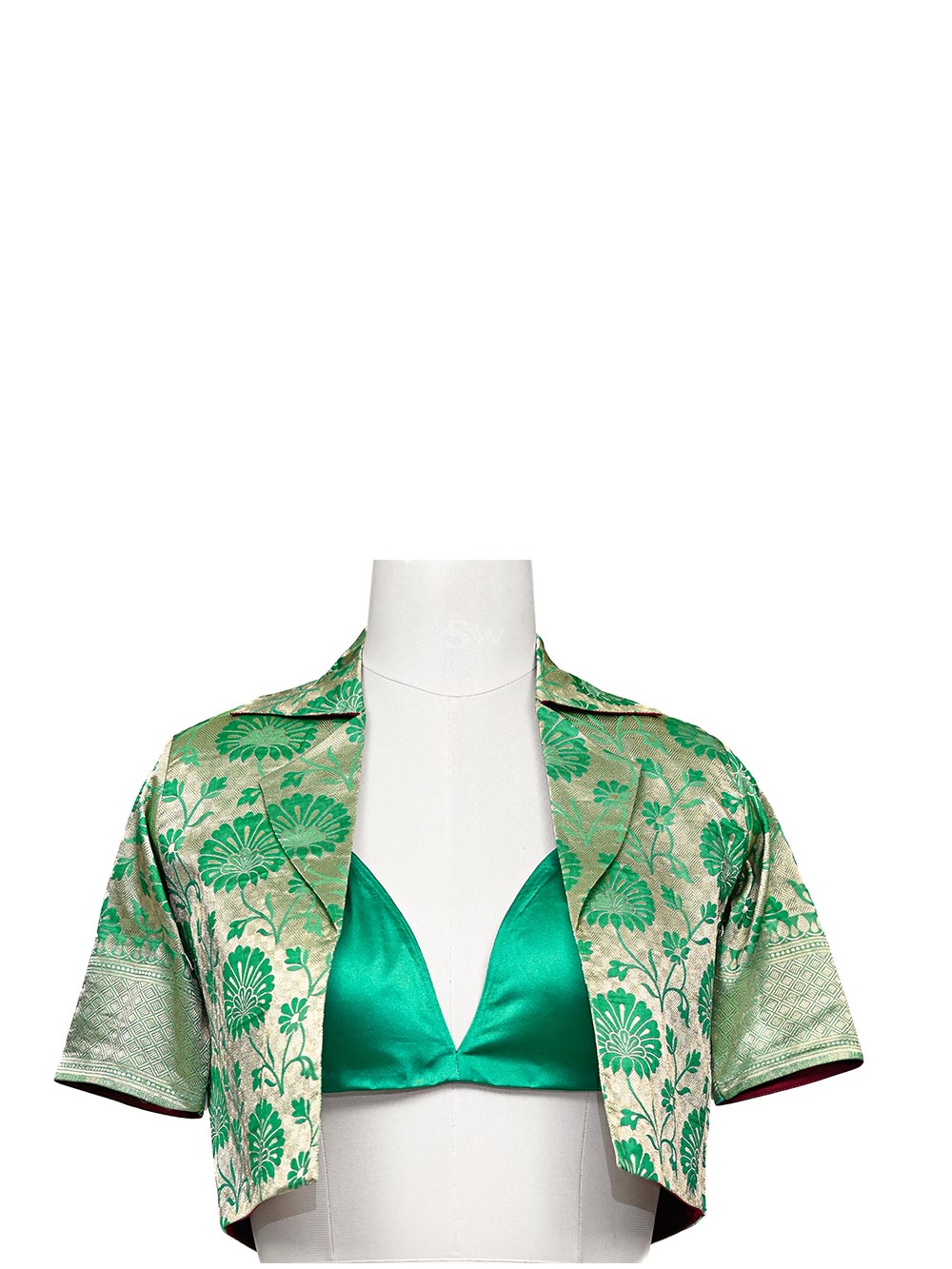 Emerald Green Silk Brocade Handloom Banarasi Jacket - Sacred Weaves