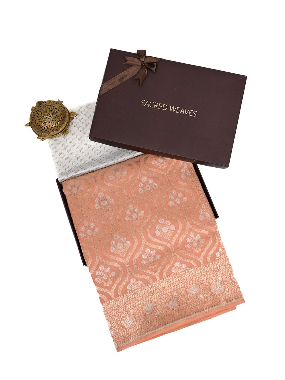 Pastel Peach Uppada Katan Silk Handloom Banarasi Saree - Gift Box - Sacred Weaves