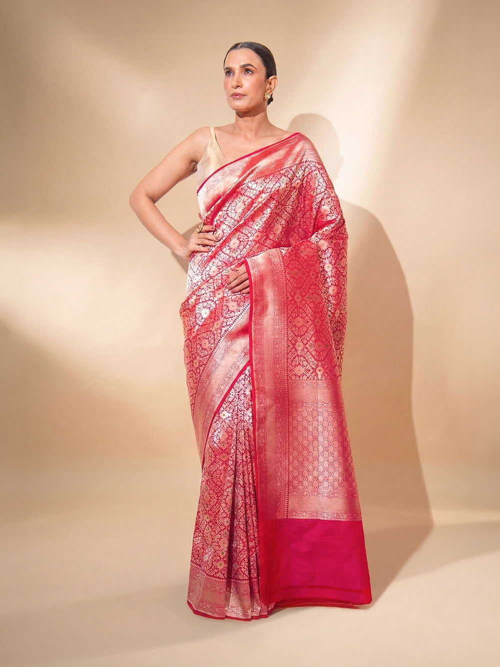 Pink Red Meenakari Brocade Handloom Banarasi Saree - Sacred Weaves