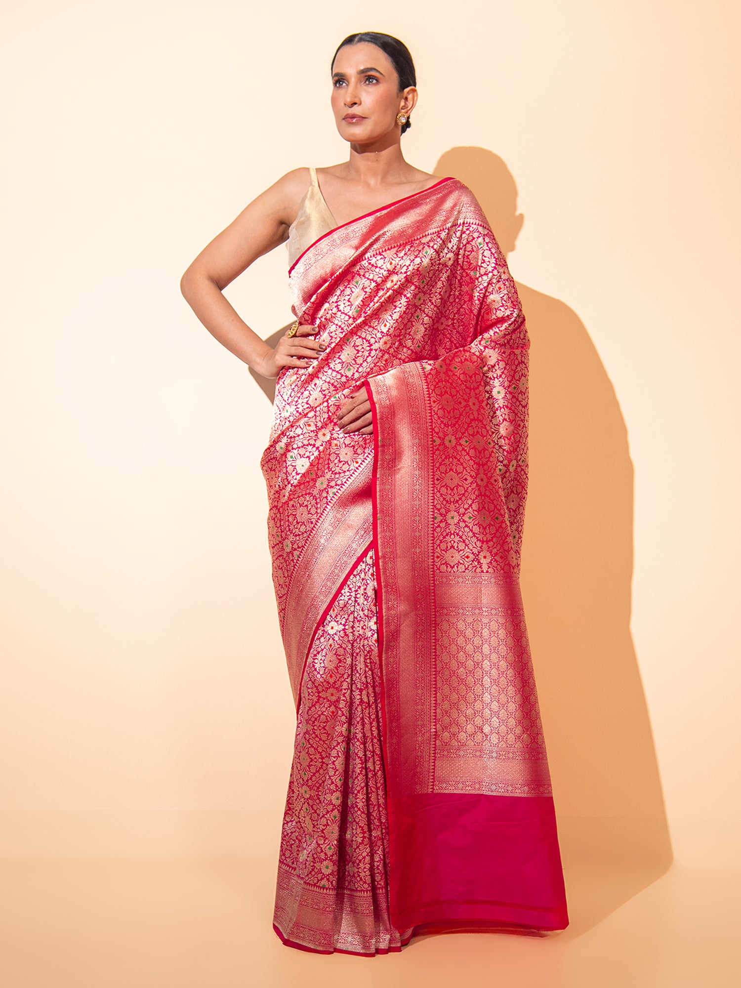 Pink Red Meenakari Brocade Handloom Banarasi Saree - Sacred Weaves
