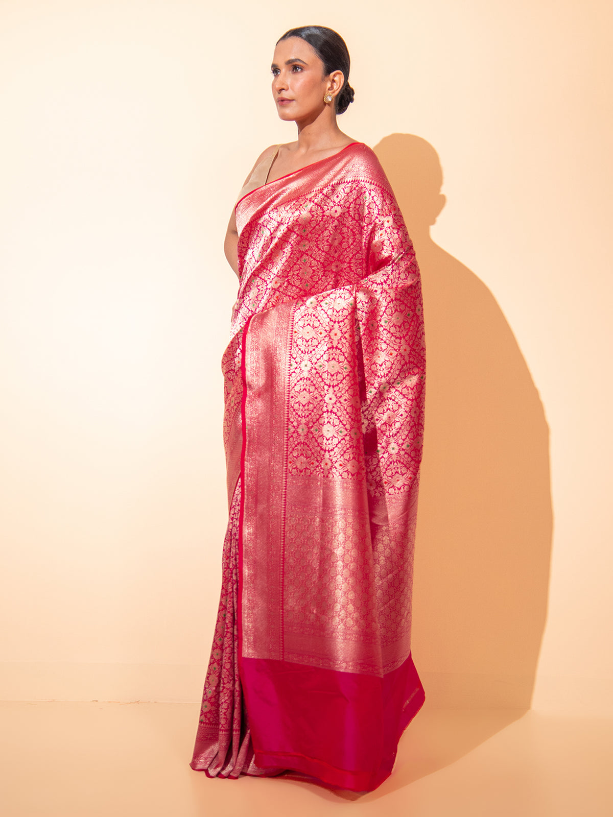 Pink Red Meenakari Brocade Handloom Banarasi Saree - Sacred Weaves