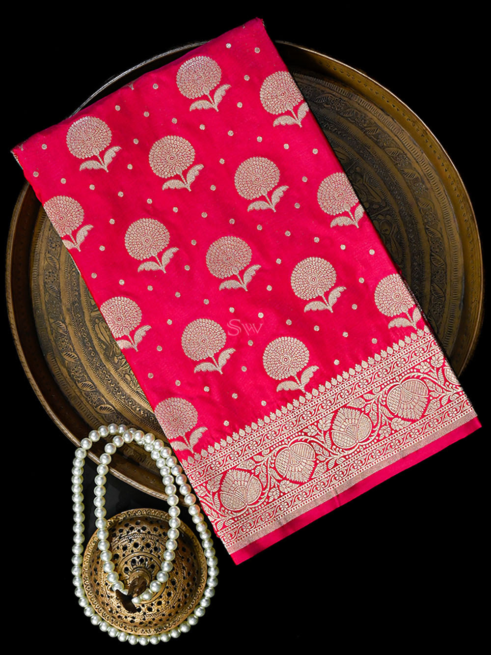 Dark Pink Booti Katan Silk Uppada Handloom Banarasi Saree - Sacred Weaves