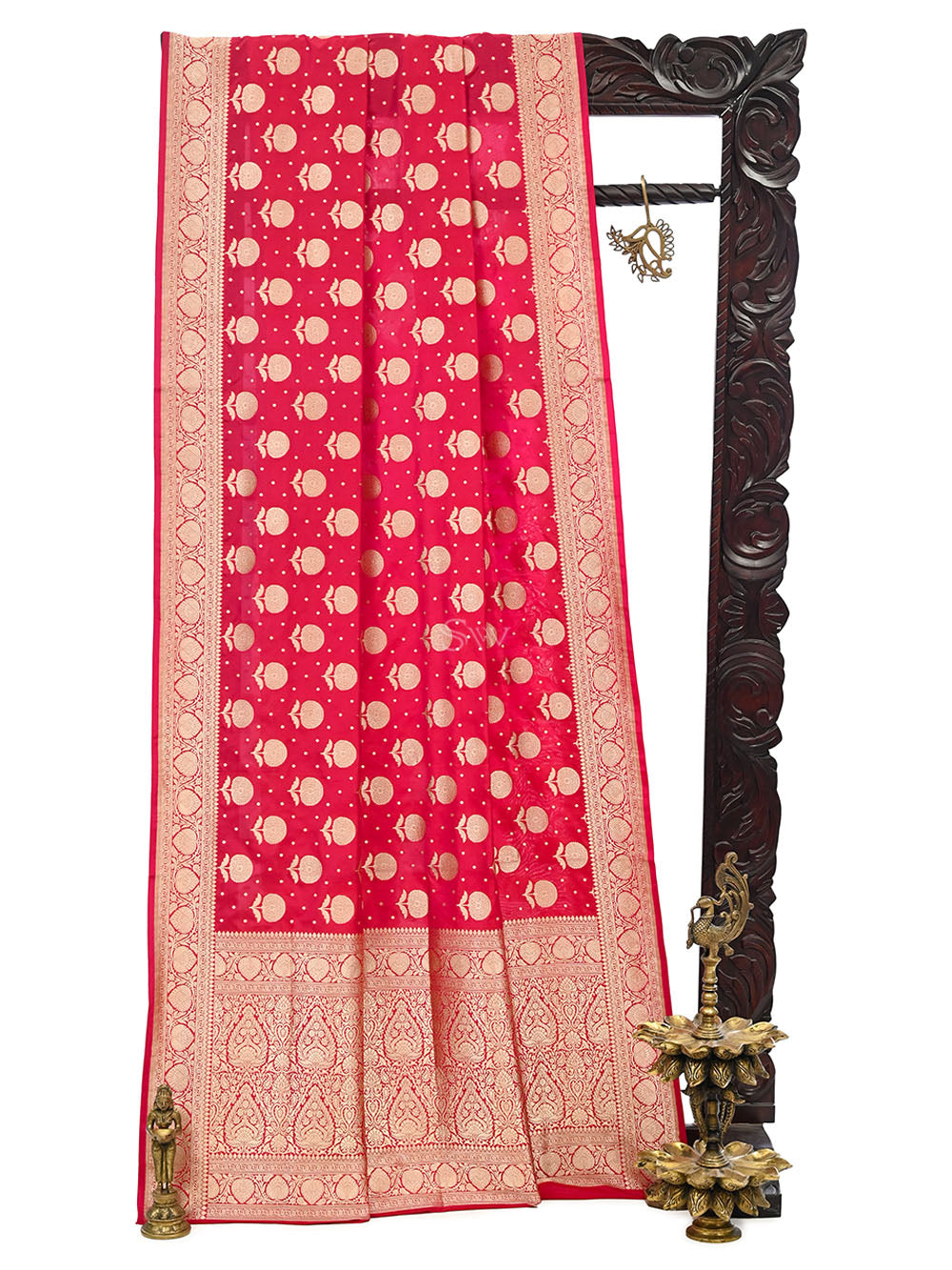 Dark Pink Booti Katan Silk Uppada Handloom Banarasi Saree - Sacred Weaves