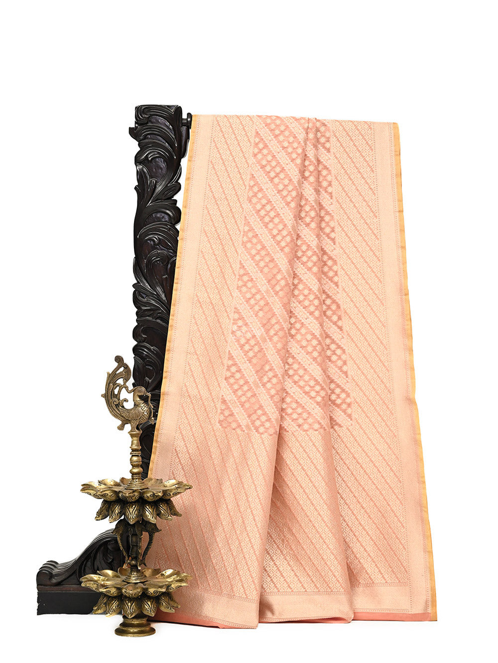 Peach Stripe Cotton Silk Handloom Banarasi Saree - Sacred Weaves