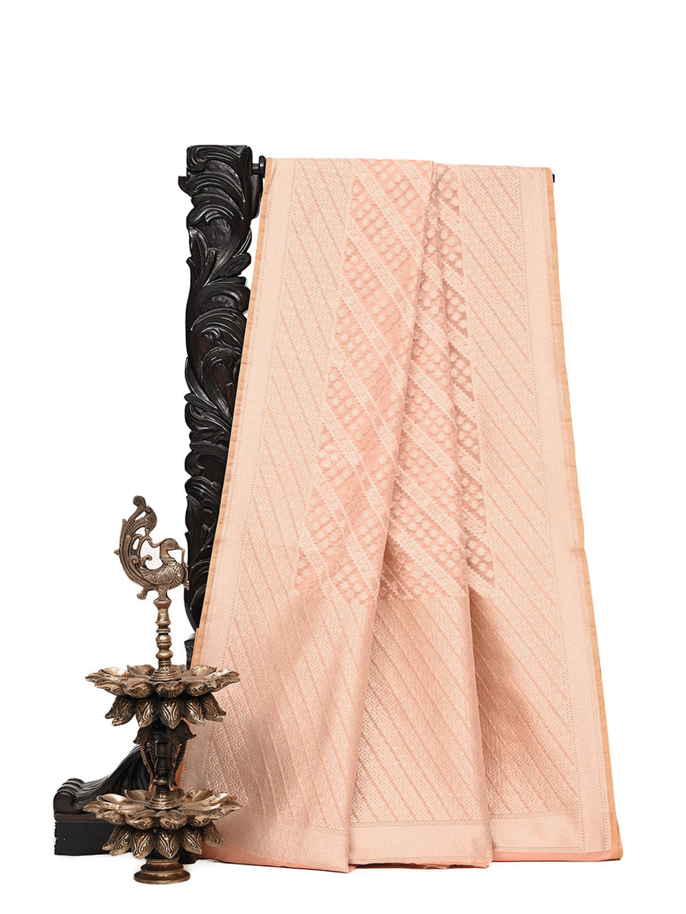 Peach Stripe Cotton Silk Handloom Banarasi Saree - Sacred Weaves