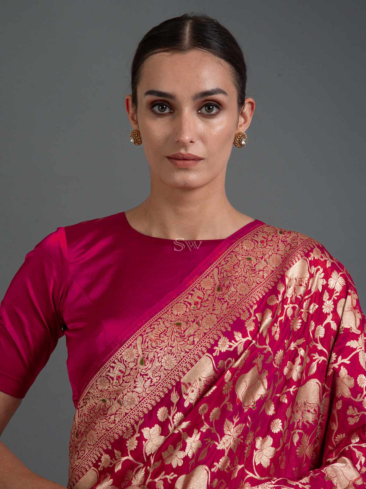 Pink Red Shikargah Uppada Katan Silk Handloom Banarasi Saree - Sacred Weaves